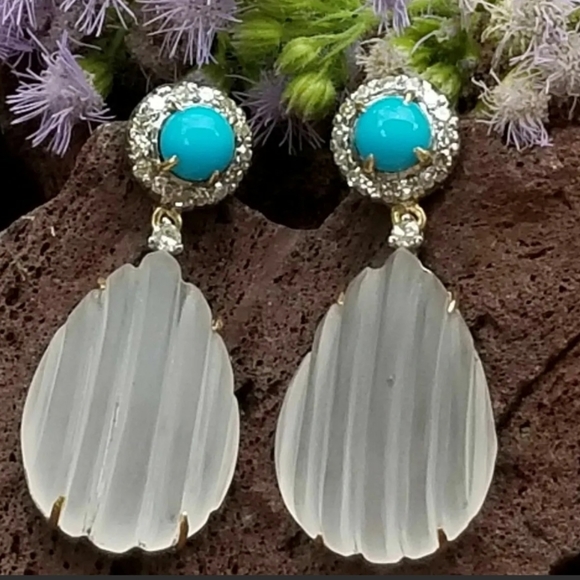 Earrings 14k Gold Diamond Turquoise Rock Crystal Quartz Drop- Estate Jewelry 7g - Picture 5 of 12